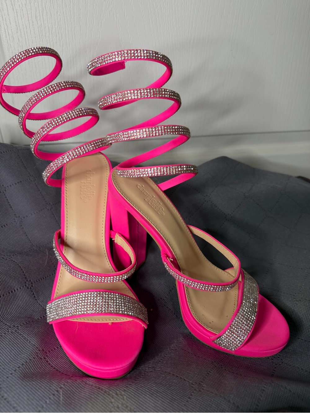 Charlotte Russe Neon Pink Rhinestone Spiral Strap Heels